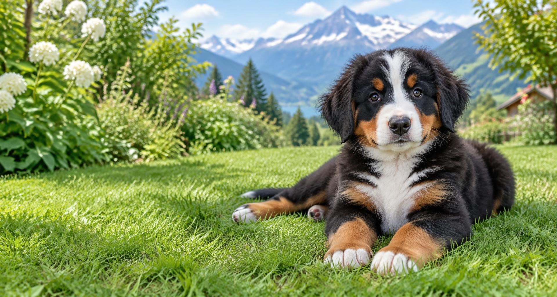 Cachorro Bernés de la Montaña en un jardín alpino